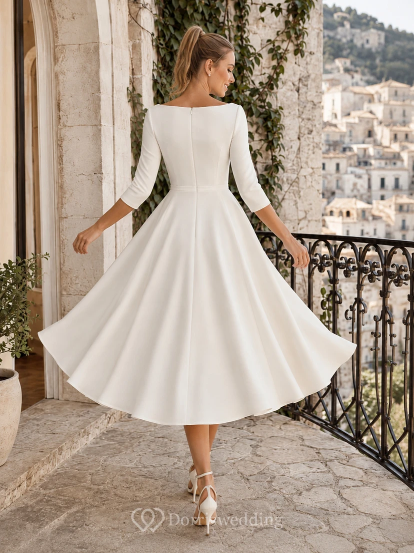 Bateau Neck Tea Length Satin European Balcony Dress view 2