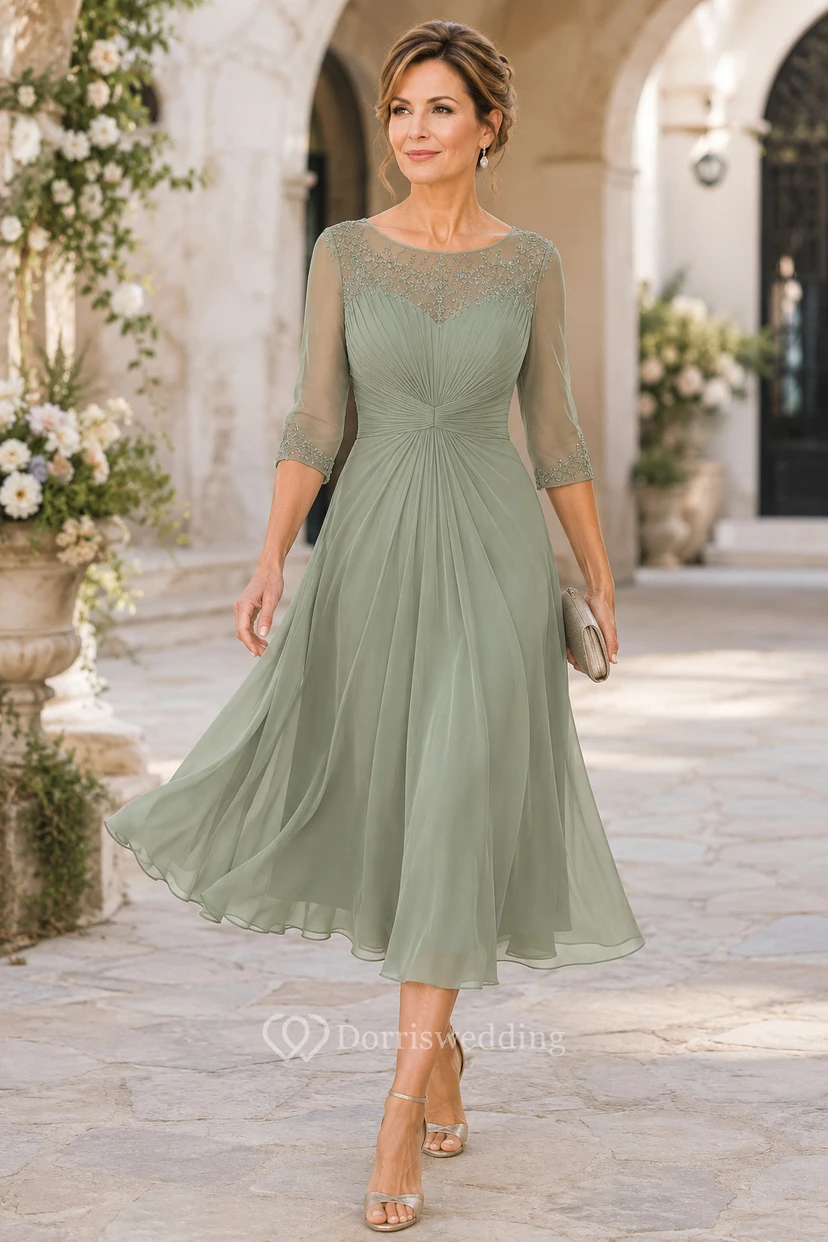 Robe de mère en dentelle sauge illusion longueur thé avec manches trois-quarts