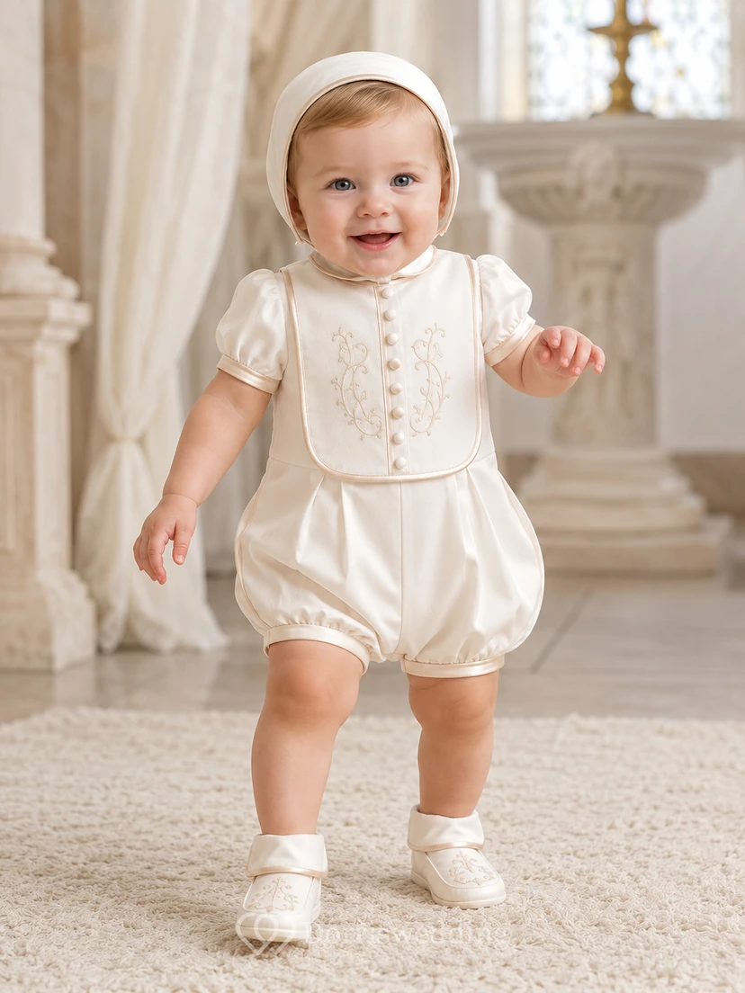Eleganter elfenbeinfarbener Baby-Taufstrampler mit kurzen Puffärmeln und Stickerei