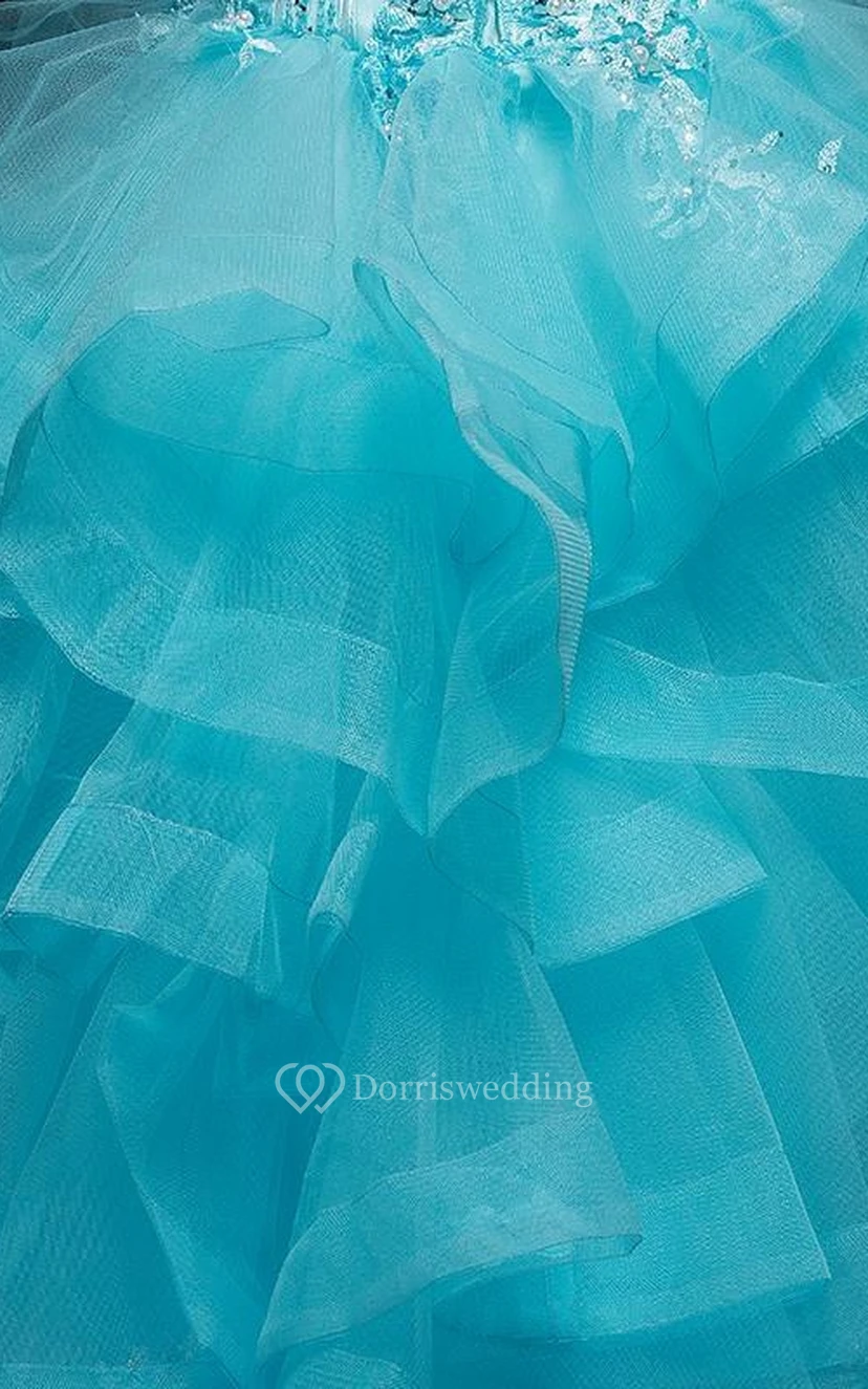 Ball Gown Long Straps Sleeveless Bell Appliques Ruffles Zipper Straps Tulle Sequins Dress view 5