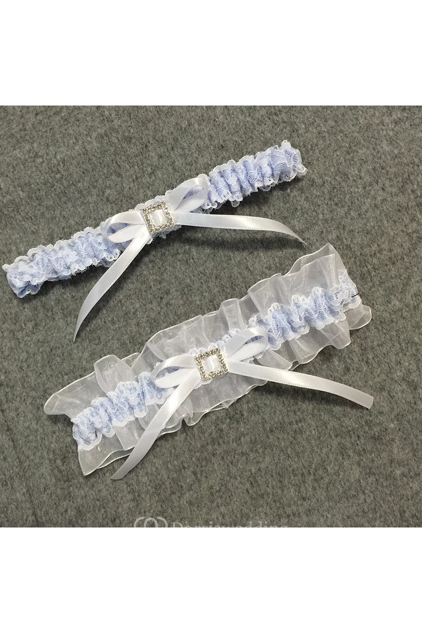 Western Style Fresh Light Blue Bow Elastic Two-piece Lace Garter Within 16-23inch view 2