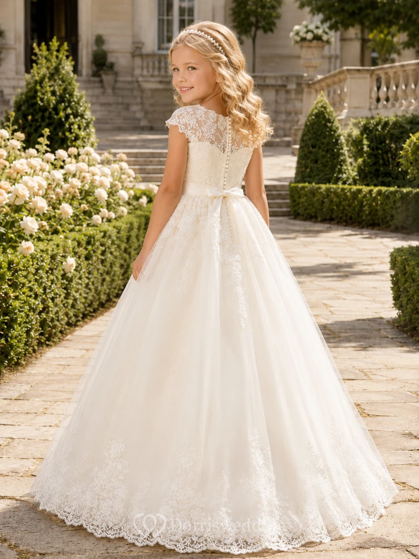 A-Line Flowergirl Lace Tulle Floor-Length Cap Sleeve Classic Garden Wedding Gown with Scalloped Hem view 2