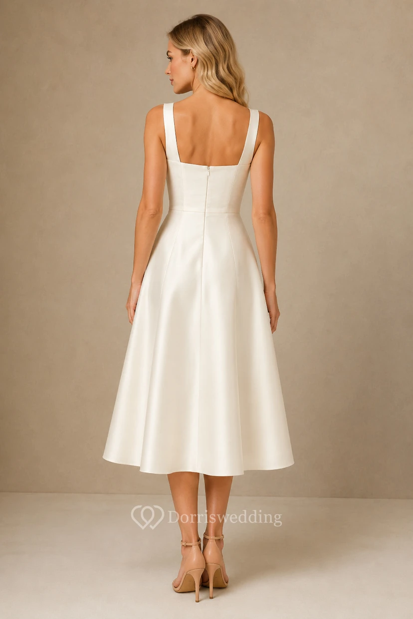 Robe de mariée civile en satin, longueur thé, coupe trapèze, col carré, bretelles larges, idéale pour une cérémonie au tribunal. view 2