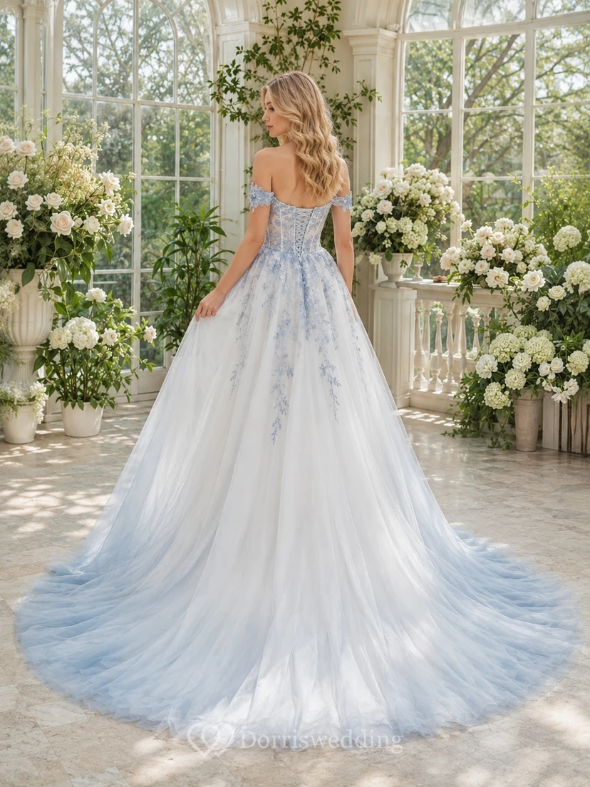 Himmelblaues, luftiges A-Linien-Chiffon-Brautkleid im Boho-Stil mit schulterfreiem Schnitt und Blütenblattärmeln view 2