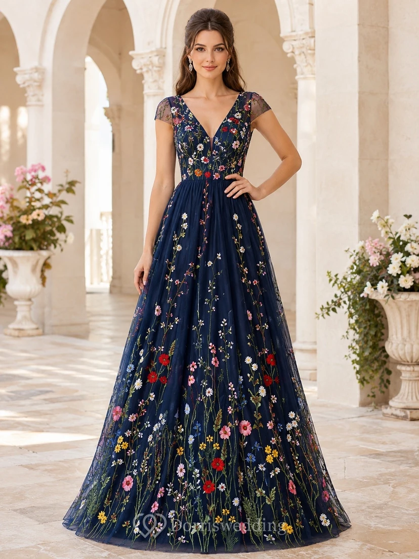 Boho-Kleid in Marineblau mit V-Ausschnitt, ärmellos, bodenlang, aus Chiffon, A-Linie und Blumenmuster