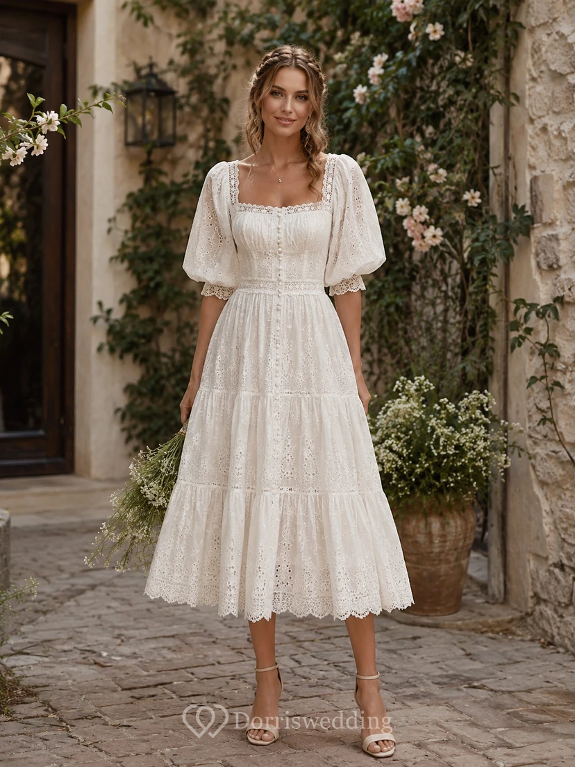 Boho Tea Length Eyelet Wedding Dress with Puff Sleeves, Square Neckline & Tiered Cottagecore Midi Skirt