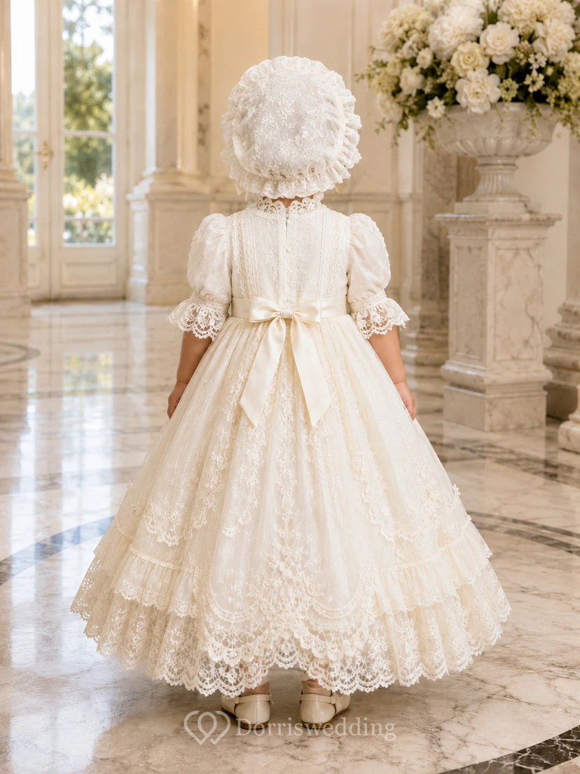Champagne Vintage Baby Baptism Christening Ceremony Dress A-Line Tea-Length High Neck Puff Sleeve Tulle Lace Bow Back Button Back view 2