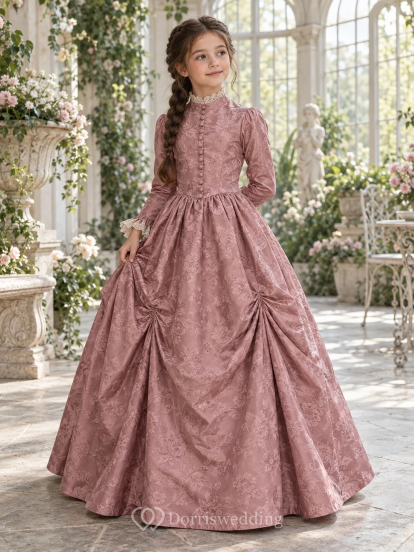 Viktorianisches Ballkleid für Blumenmädchen aus altrosafarbenem Brokat mit langen Ärmeln