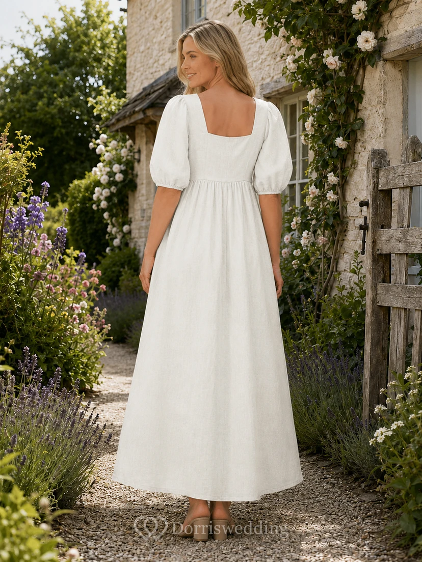 Loose Casual Square Neck Linen Cottage Bridal Dress view 2
