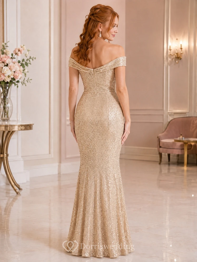 Champagne Petite Off-the-Shoulder Sleeveless Sequin Sheath Floor-Length Evening Dress view 2