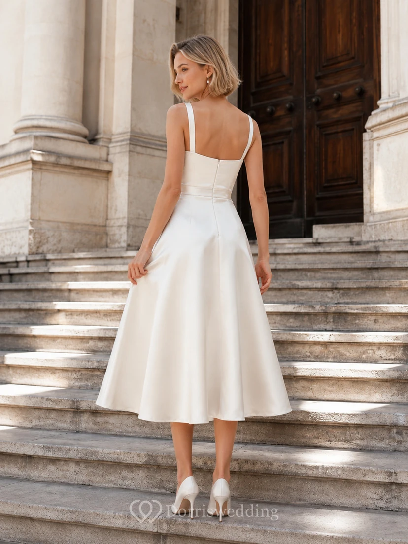 Vestido de novia civil de satén con escote cuadrado, largo hasta la rodilla y corte en A, ideal para bodas en juzgado. view 2