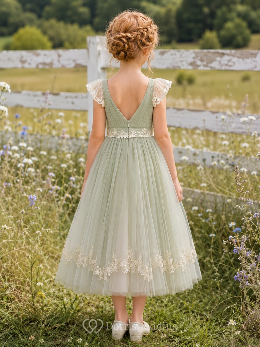 Sage Romantic Country Lace Tulle Flower Girl Tea-Length Petal Sleeve Garden V-Back Dress view 2