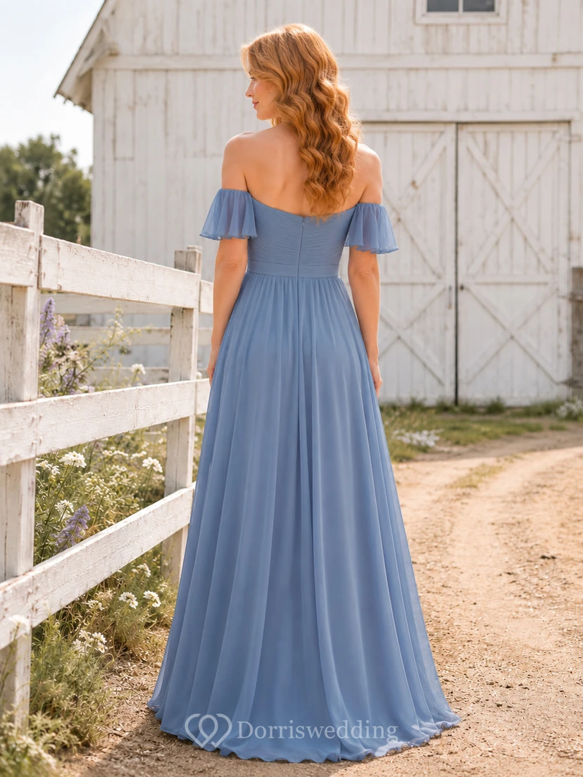 Steel Blue Chiffon A-Line Off-Shoulder Sweetheart Short Sleeve Pleated Zip Back Floor-Length Bridesmaid Dress view 2