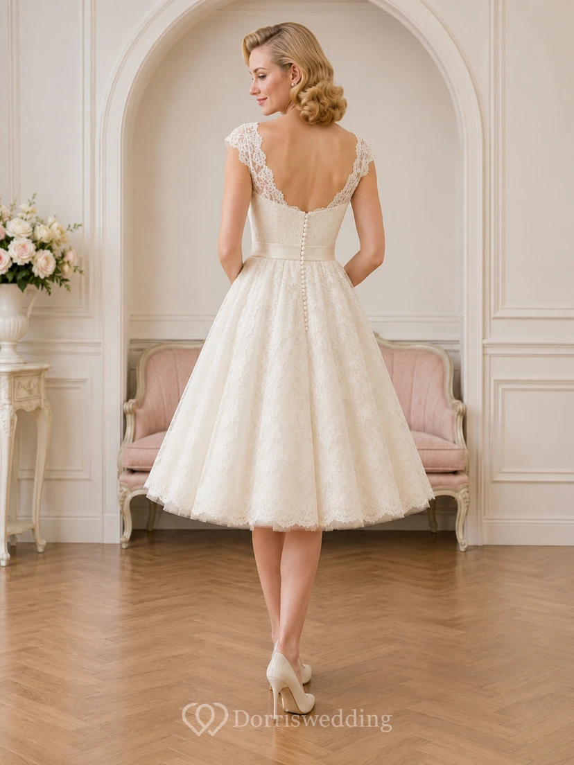 Vestido de novia romántico y elegante de corte A, largo hasta la rodilla, con tirantes en forma de corazón y encaje. view 2