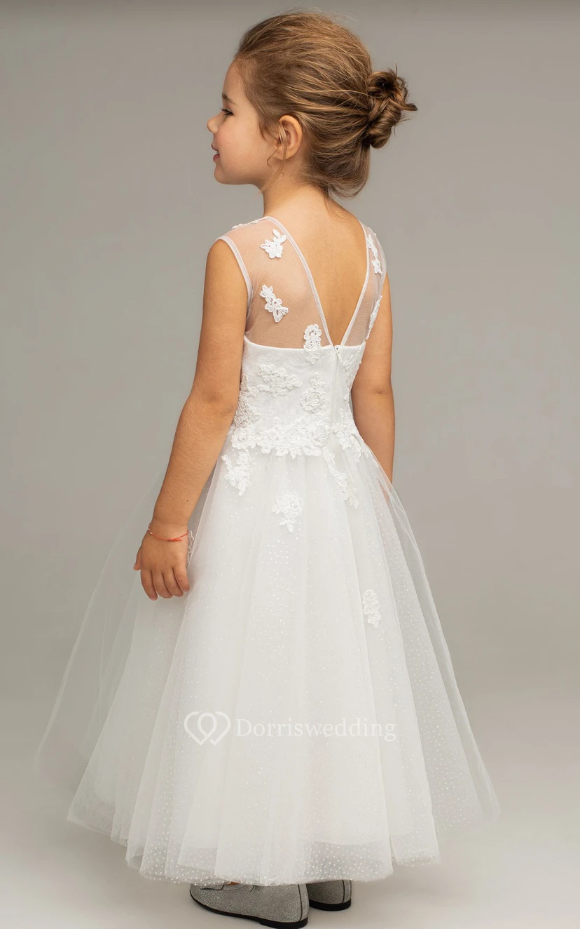 Simple Bateau A Line Tulle Ankle-length Sleeveless Flowergirl Dress with Ruching view 2