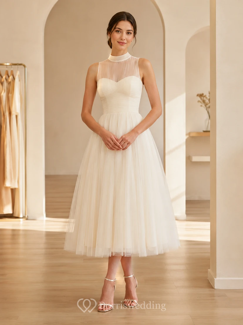 Courtly Mist Ivory A-Line Tea-Length High-Neck Sleeveless Tulle Modest Cocktail Dress