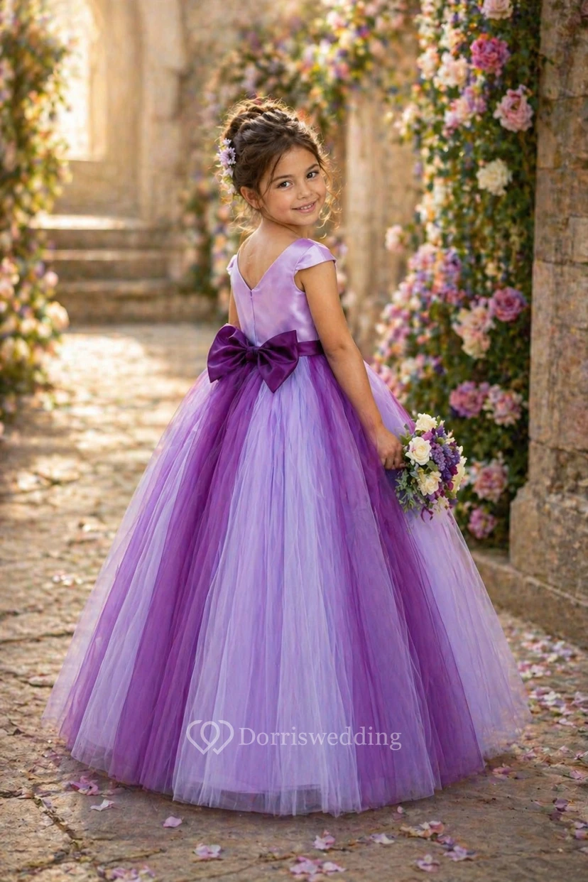 Lovely Tulle Princess Bowknot Flower Girl Purple Bridesmaid Dress Cap Sleeve view 2