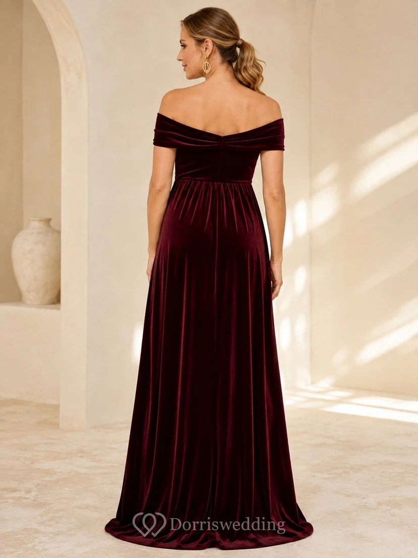 Burgundy Velvet Off-the-shoulder Short Sleeve Empire Maternity Gown view 2