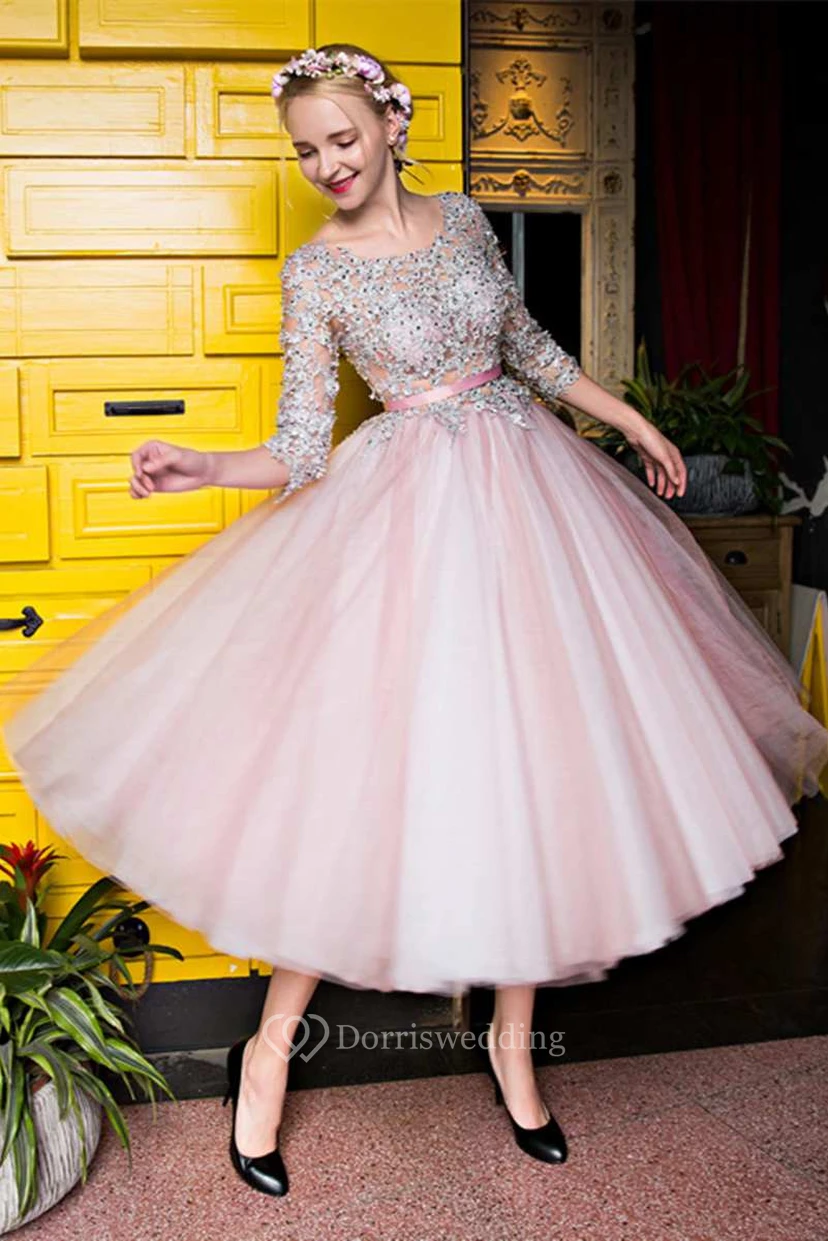 Vestido de tul de largo midi con escote redondo y mangas de encaje (3-4 mangas)