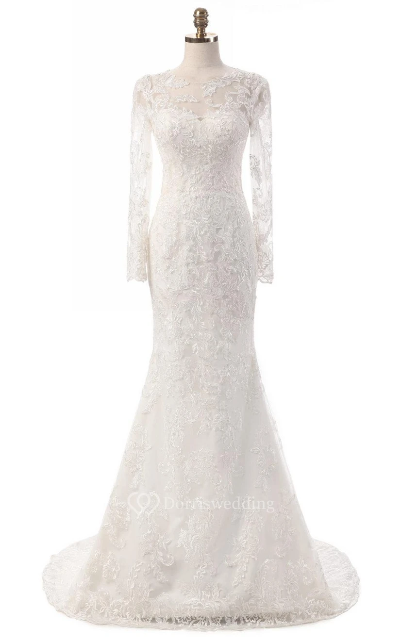 Meerjungfrauenkleid mit langen Ärmeln aus Spitze und Stickereien mit Illusionseffekt view 4