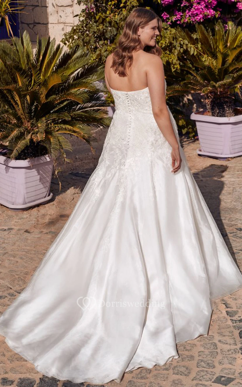 Robe de mariée élégante en satin, longue jusqu'au sol, à manches courtes, coupe trapèze, dos nu, ornée d'appliqués view 4