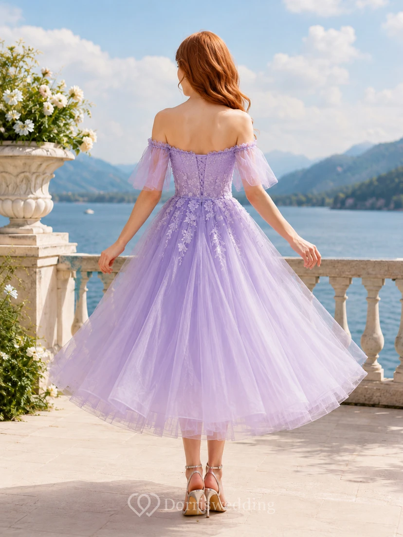 Lavendelfarbenes, schulterfreies Ballkleid für Teenager mit floralen Applikationen aus Tüll in Teelänge view 2