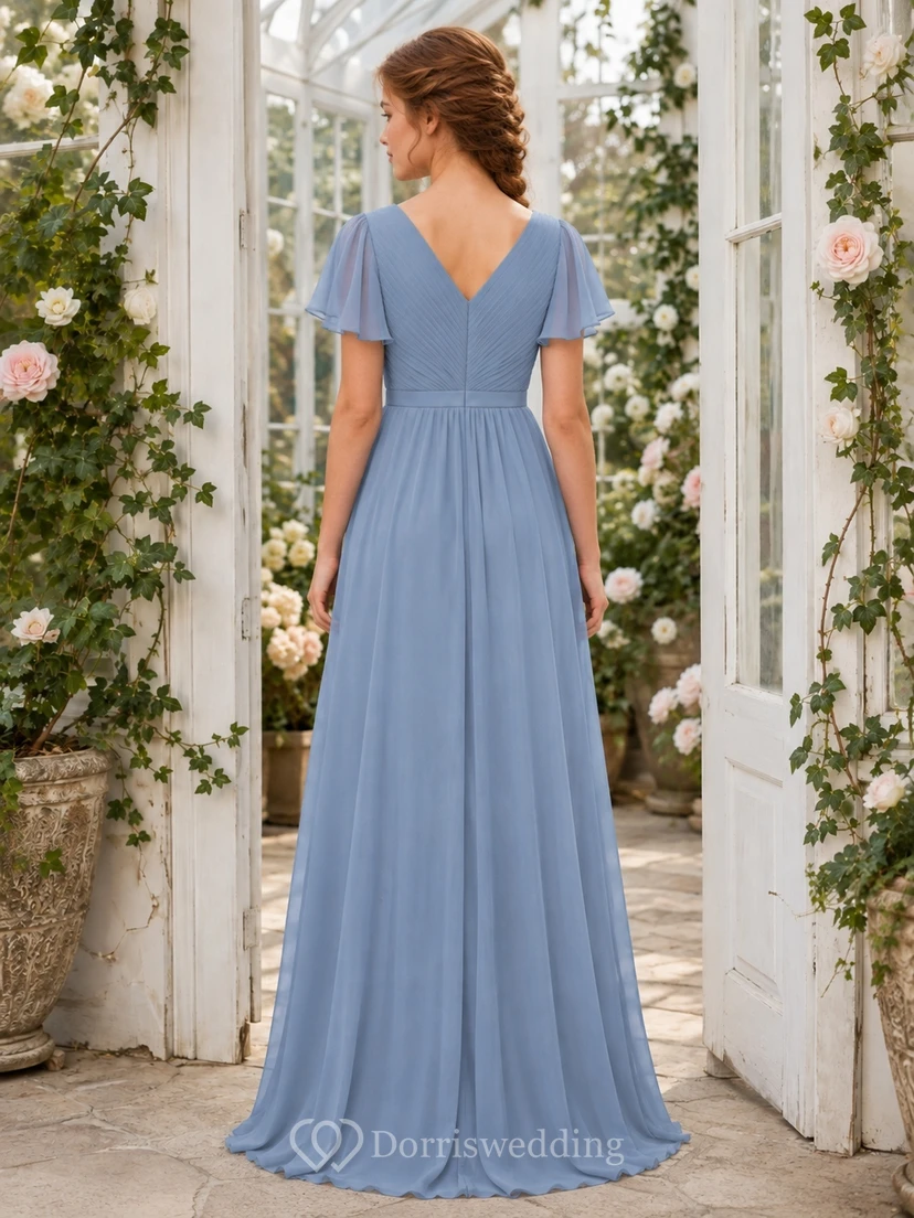 Lavendelfarbenes Brautjungfernkleid für junge Damen, A-Linie, V-Ausschnitt, kurze Blütenblattärmel, Falten-Details, romantisch view 2