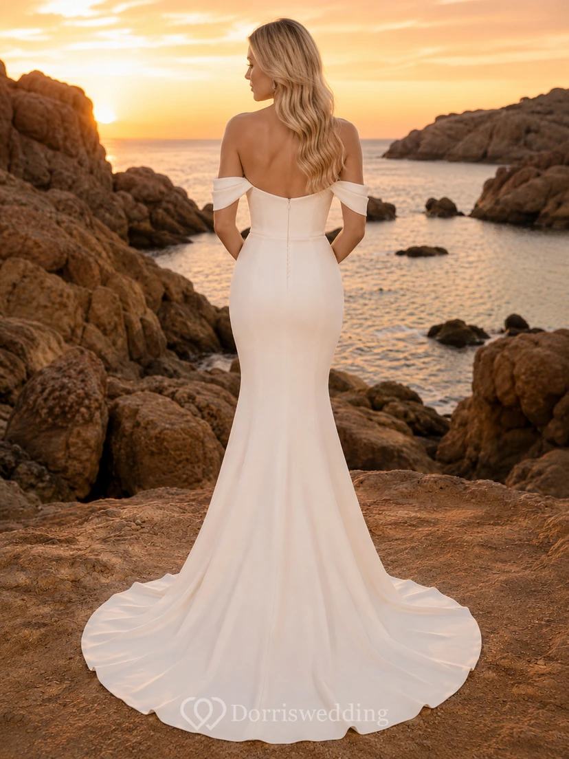 Robe de mariée romantique sirène en crêpe à épaules dénudées, imprimé coucher de soleil sur l'océan view 2