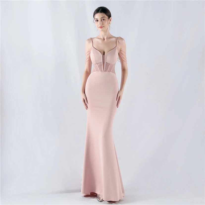 Vestido de noche con cintura de espiga, bordado de diamantes de imitación, ideal para banquetes y presentaciones. view 28