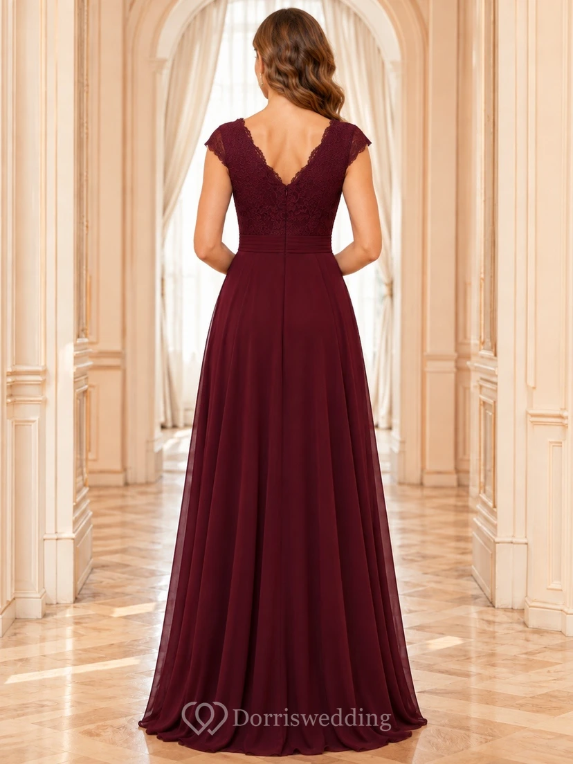 Burgundy Lace V-Neck Short Sleeve Tiered Formal Dress view 2