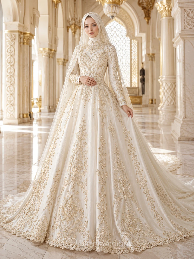 Robe de bal de luxe musulmane à manches longues brodée d'or