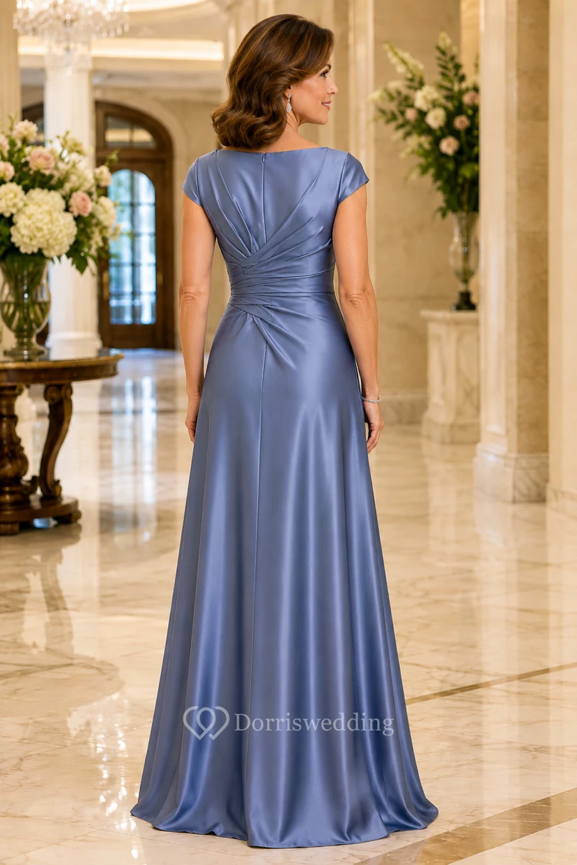 Stahlblaues A-Linien-Kleid aus Satin mit seitlicher Drapierung view 2