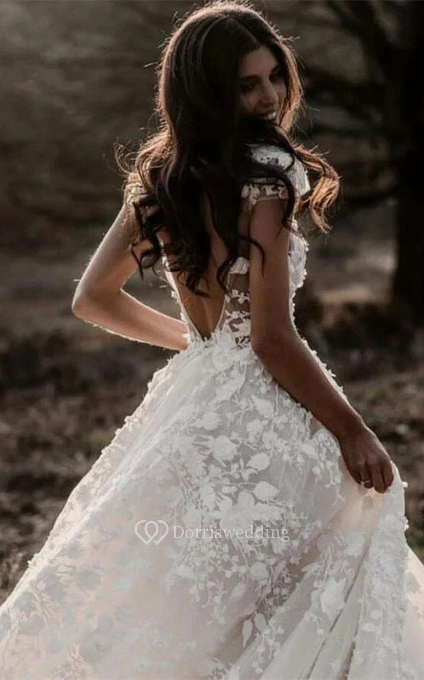 Country Cap Plunged Keyhole Empire A-line Boho Lace Applique Wedding Dress view 2