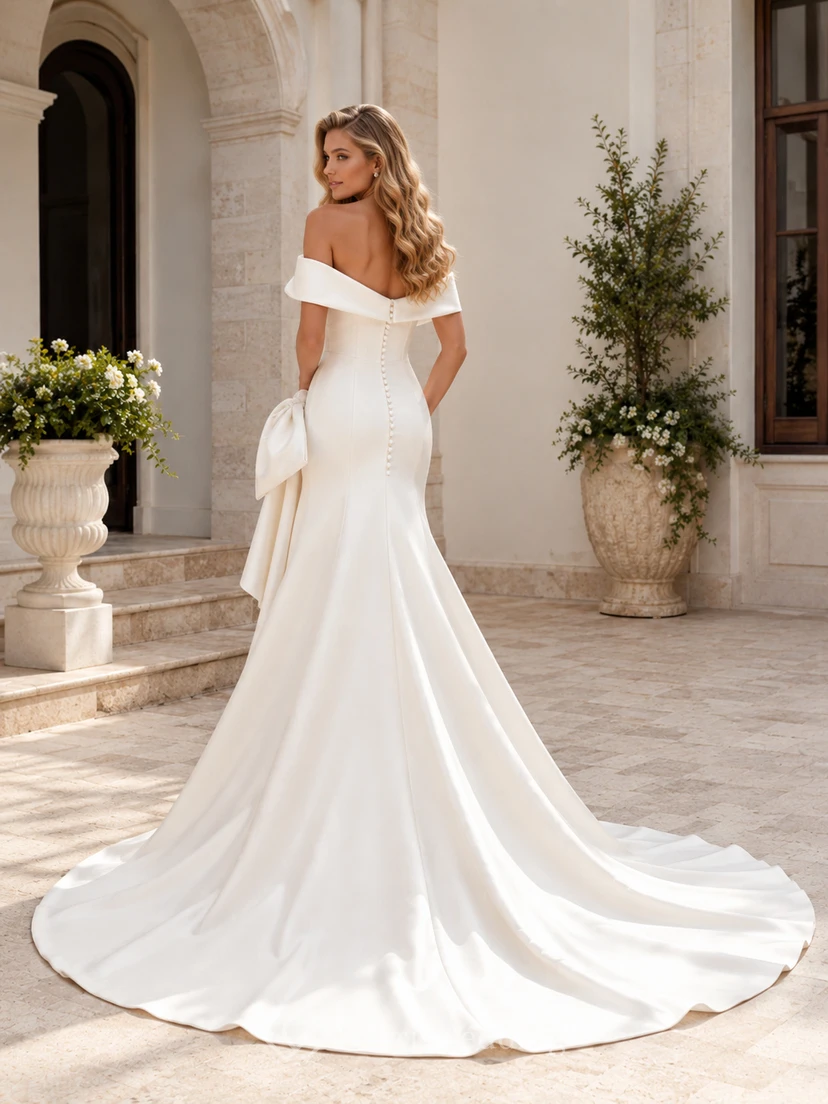 Satin Wedding Dress A-Line Strapless Sweep Train Bridal Gown view 2
