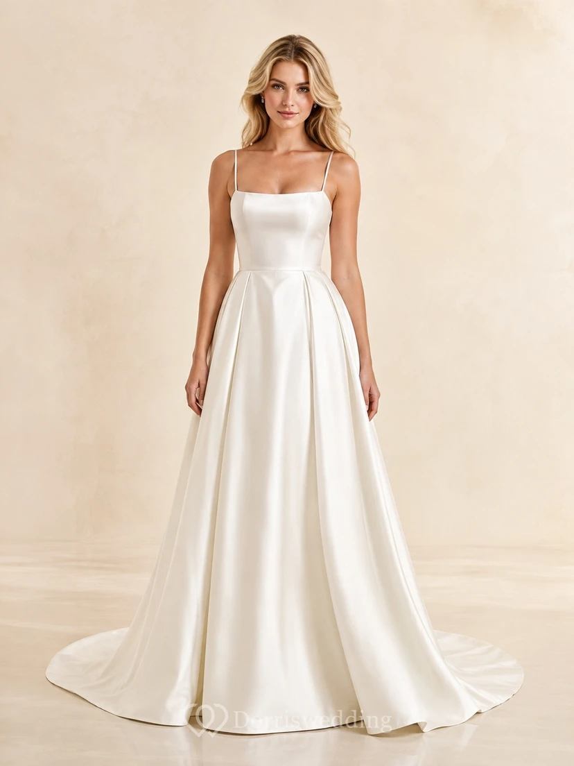 Vestido formal sencillo de satén con escote cuadrado, corte en A y cola larga.