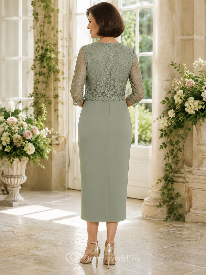 Elegantes, dreiviertellanges Spitzen-Etuikleid in Salbeigrün, Satin-Cut-Top, wadenlang, schlichtes Abendkleid für die Mutter des Bräutigams view 2