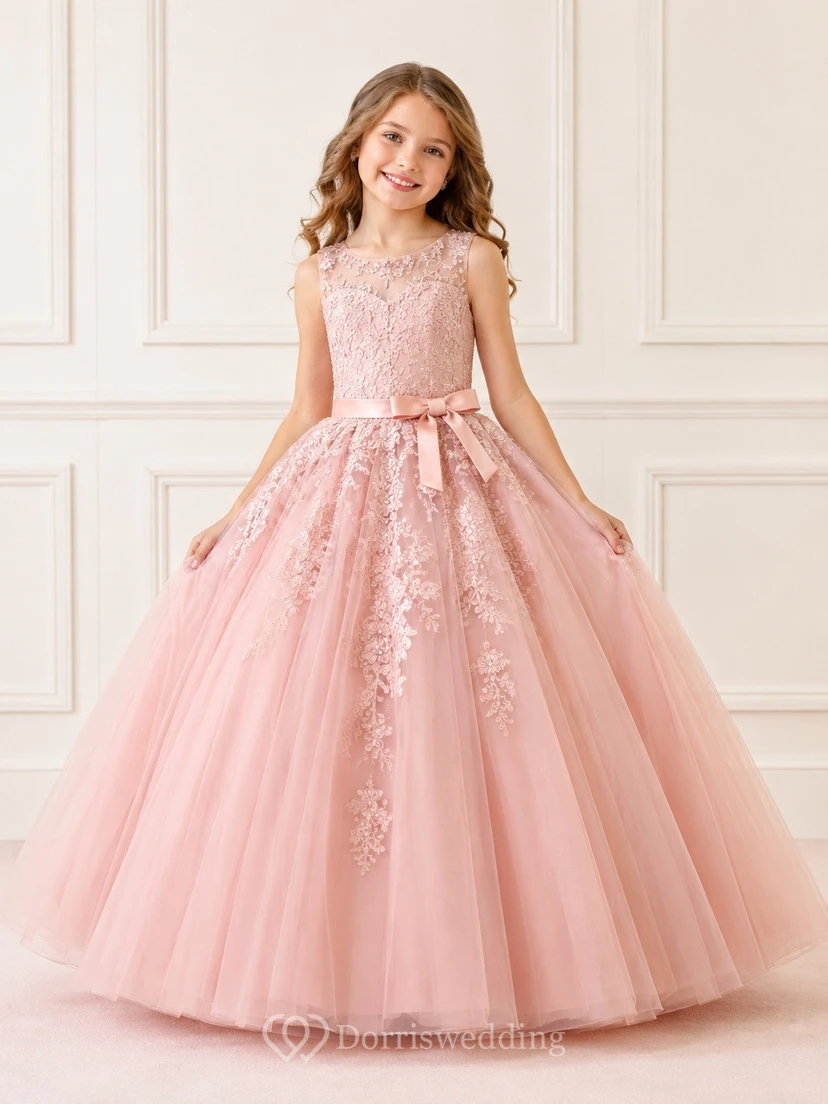 Pink Ball Gown Jewel Neck Applique Floor-Length Flowergirl Pageant Dress