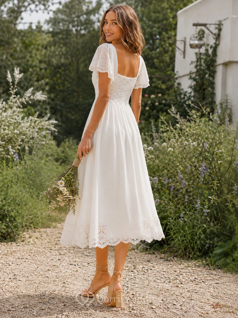 Tea Length Boho Wedding Dress with Square Neckline, Flutter Sleeves & Side Slit Lace Trim Skirt view 2