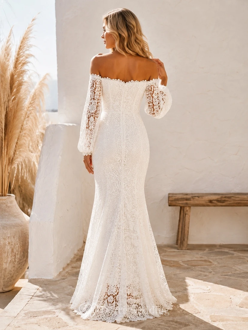 Vestido de novia bohemio de sirena, manga larga, hombros descubiertos, encaje, largo hasta el suelo. view 2