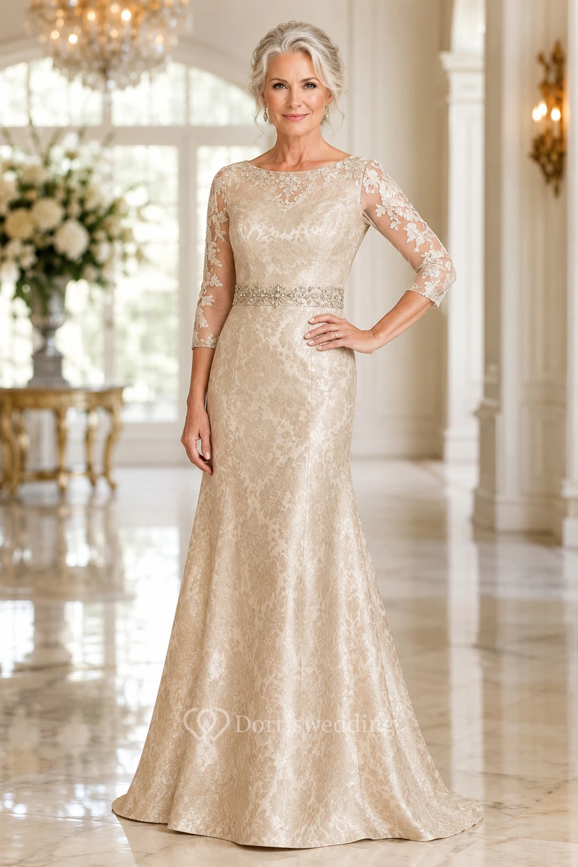 MOB-Kleid Champagnerfarbene Spitze Meerjungfrauen-Stil 3/4-Ärmel Rundhalsausschnitt Bodenlang Perlenbesetzt