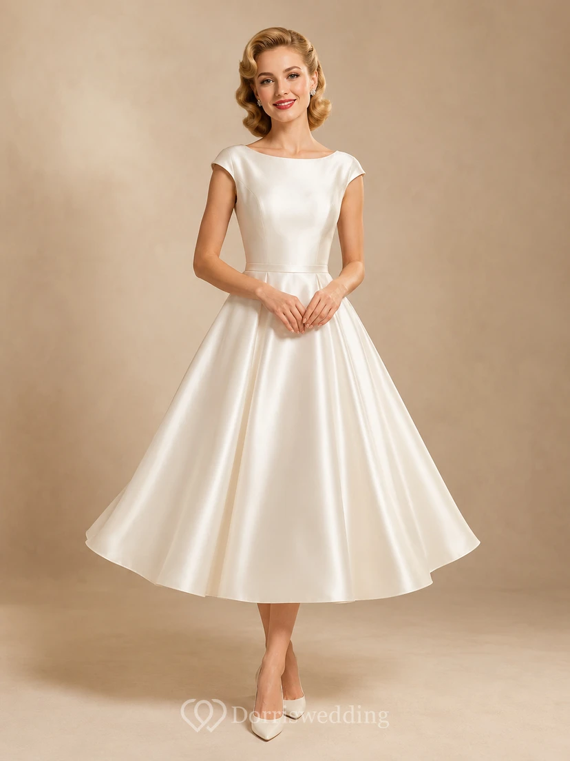 1950s Bateau Neck Cap Sleeve Satin Tea Length Wedding Dress