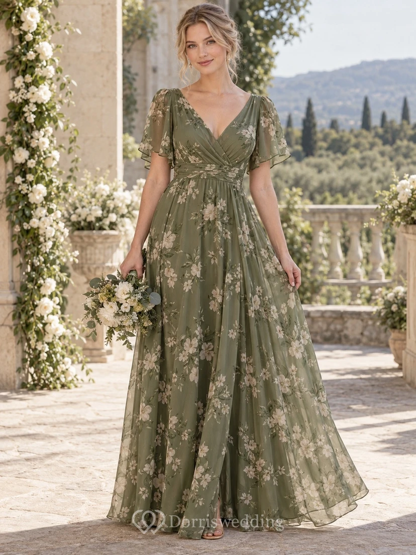 Dark Green Olive Floral Print Square Neck Flutter Sleeve Side-Slit Floor-Length Chiffon Bridesmaid Dress view 2