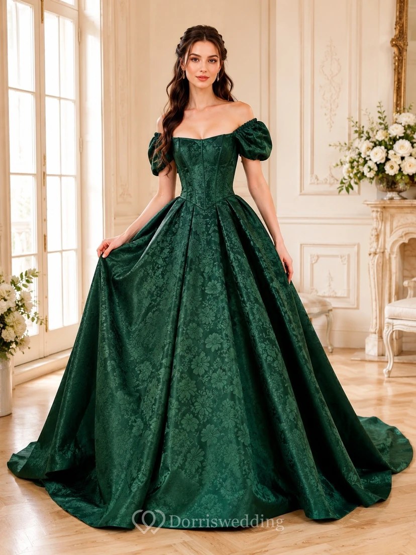 Vestido de gala de tafetán verde oscuro con hombros descubiertos y mangas abullonadas