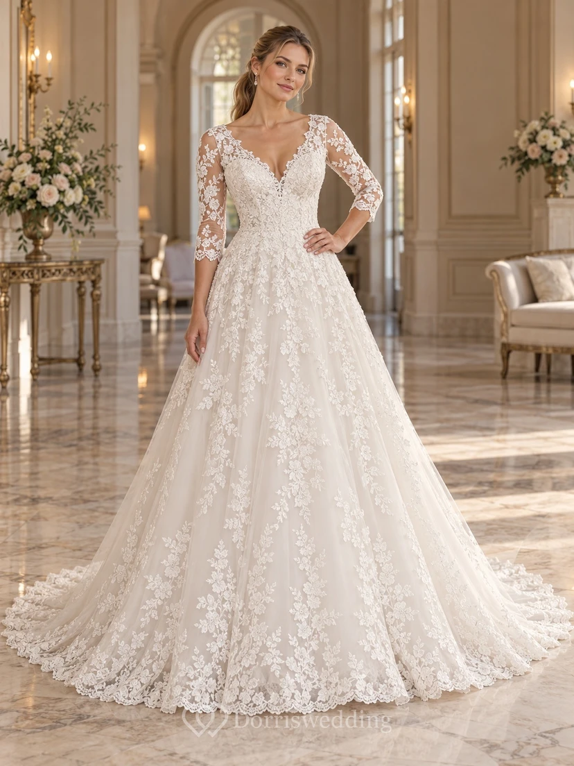 Romantic V-neck Three-Quarter Sleeve Floral Lace Ball Gown Wedding Dress