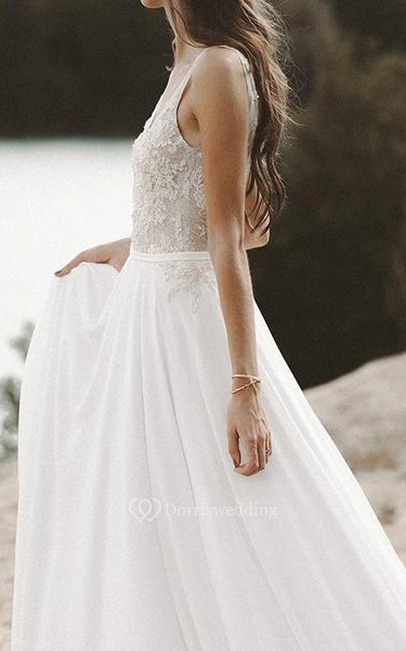 Chiffon-Spitzen-Brautkleid mit Schleppe, ärmellos, A-Linie, im Boho-Stil mit Perlenstickerei view 5