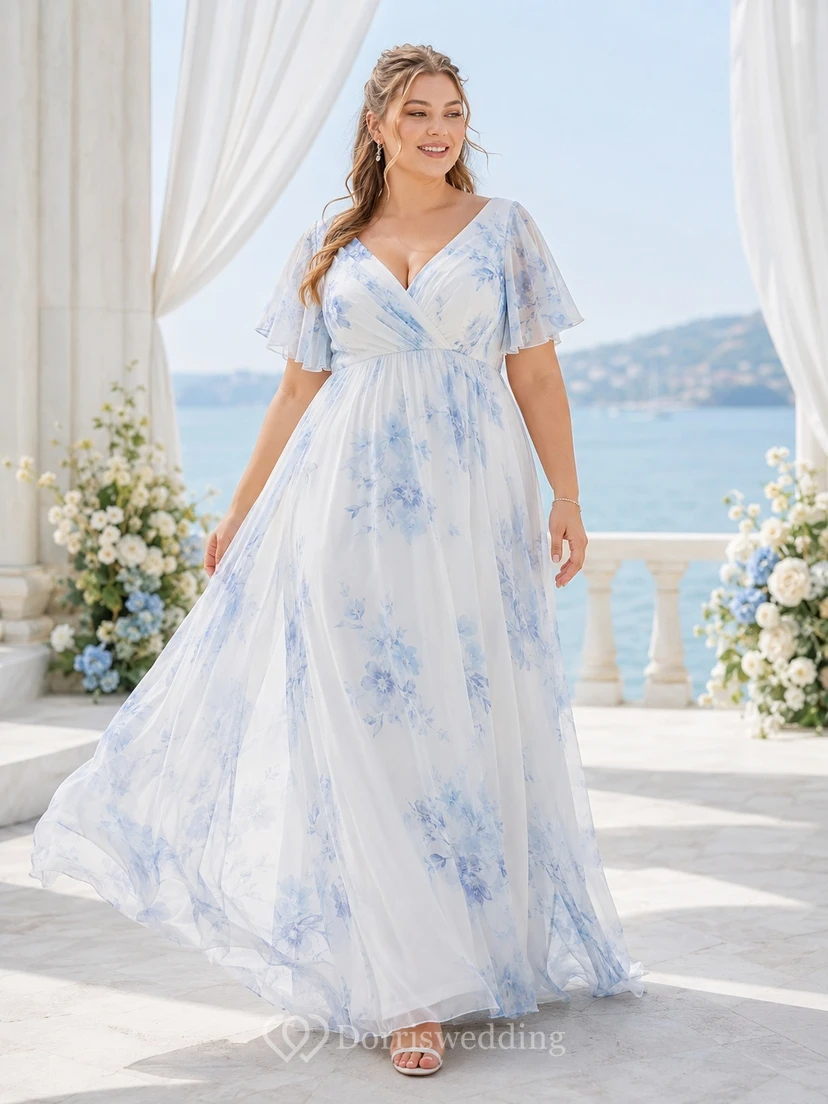 Himmelblaues, luftiges Chiffon-Brautkleid im Boho-Stil in Übergröße, A-Linie, V-Ausschnitt, flatternde Ärmel