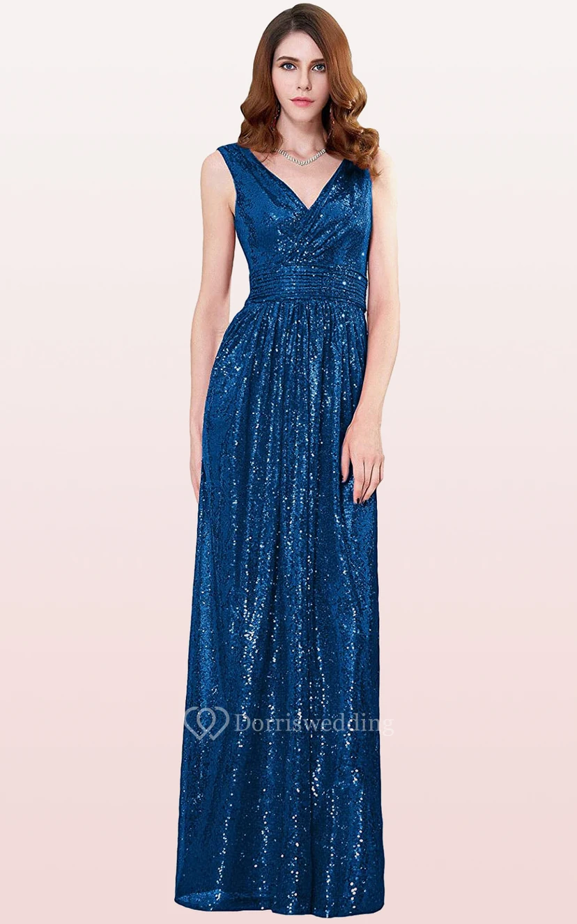V-neck A Line Sleeveless Floor-length Sequins Bridesmaid Dress With Ruching view 4