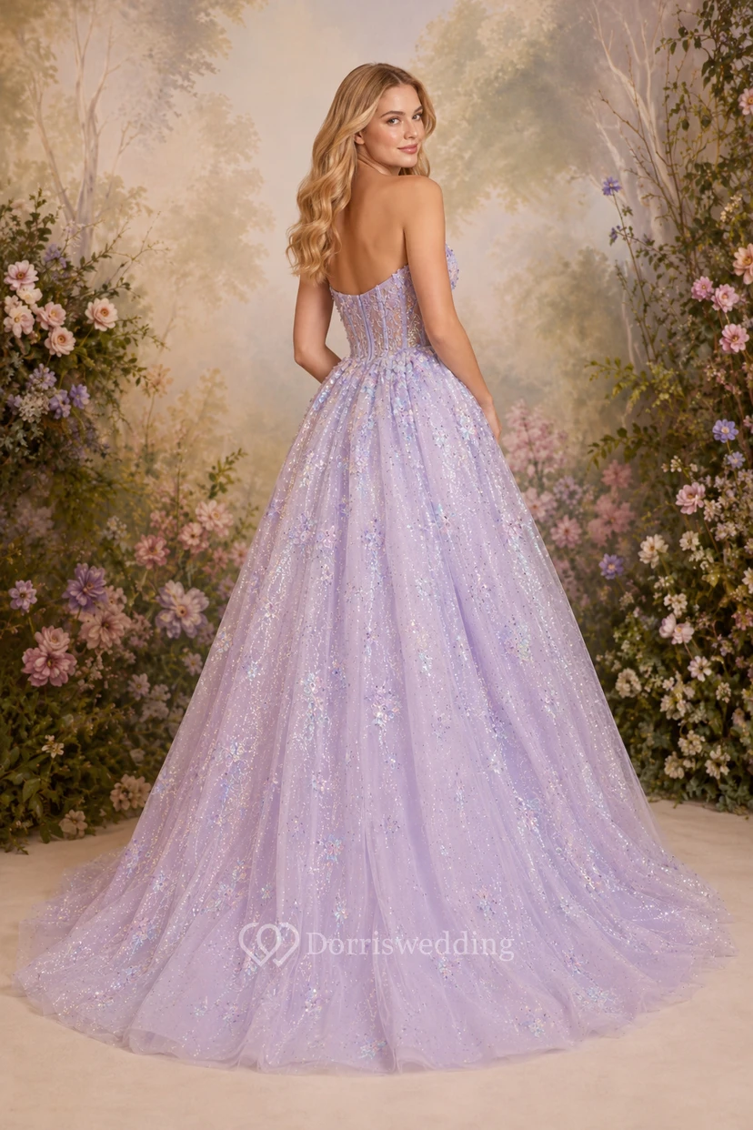 Lavendelfarbenes, trägerloses Glitzer-Tüll-Ballkleid mit floralem Applikationsrock view 2
