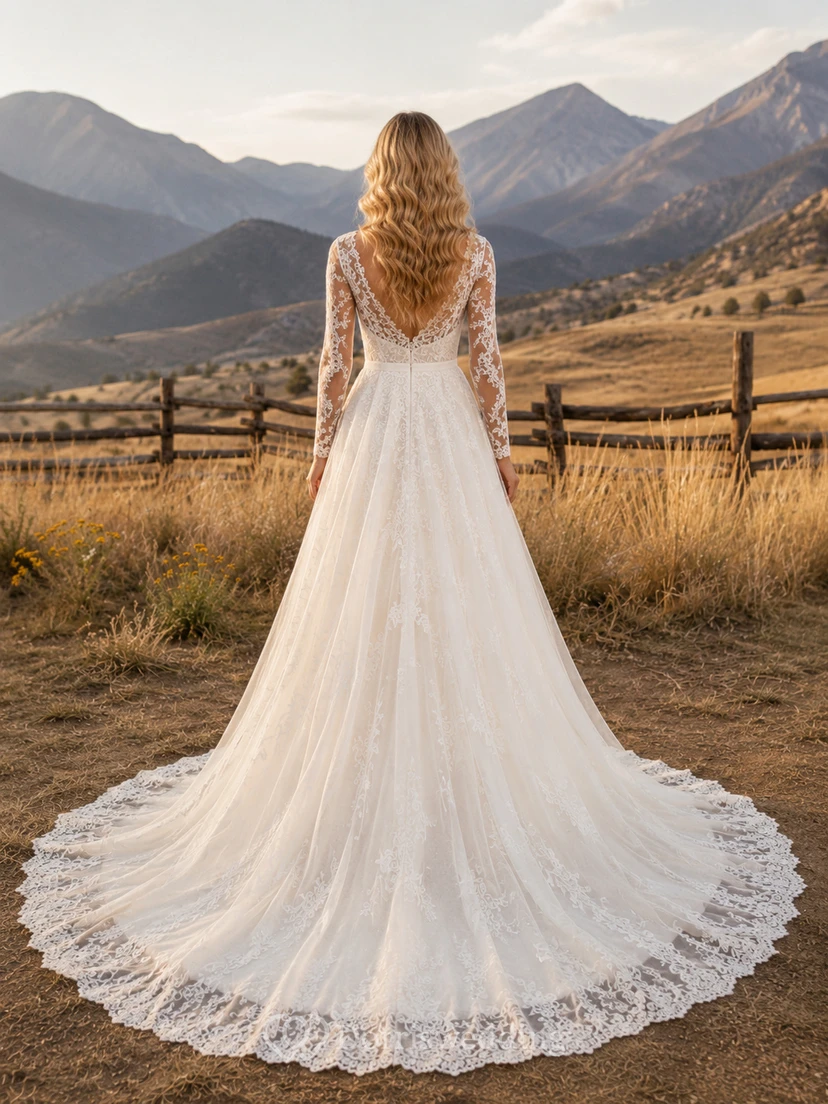 Robe de mariée western rustique en dentelle à manches longues et coupe trapèze avec traîne view 2