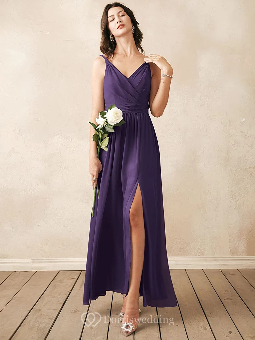 Romantic V-neck A Line Sleeveless Ankle-length Chiffon Bridesmaid Dress With Ruching view 7